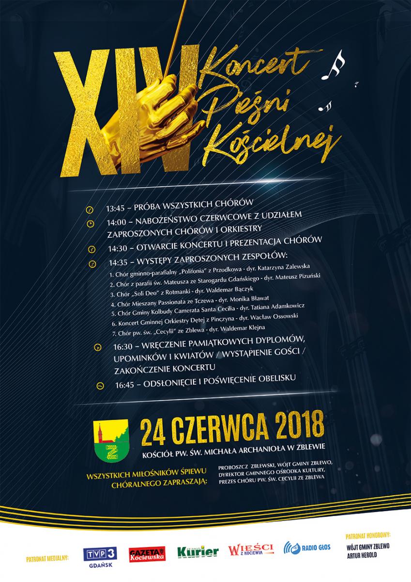 czarny plakat ze złotymi literami zapraszający na koncert pieśni kościelnej