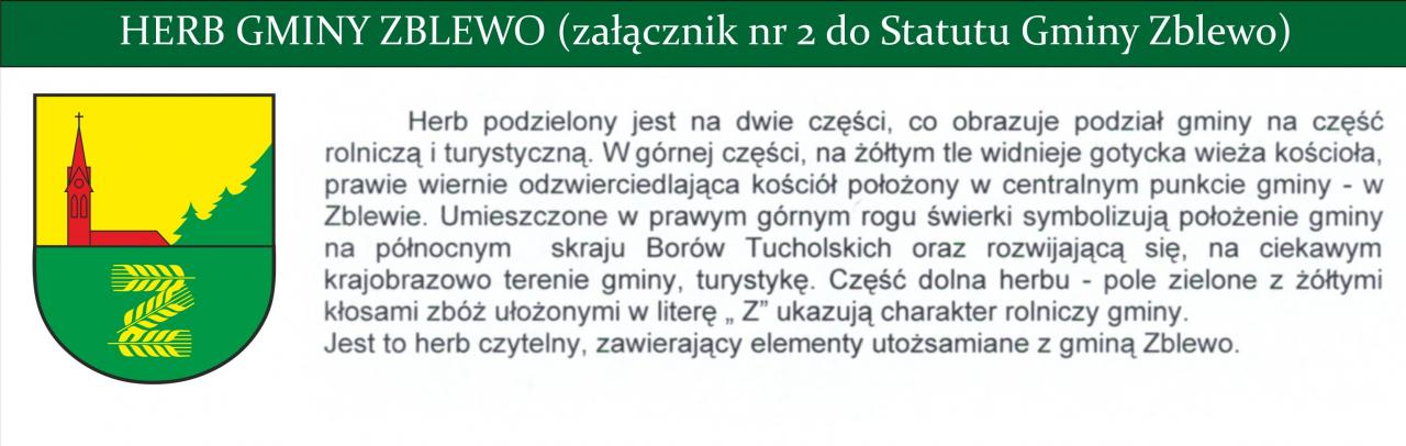 Herb Gminy Zblewo wraz z opisem jego tarcz w kolorze żółtymi zielonym oraz wizernkiem kościoła