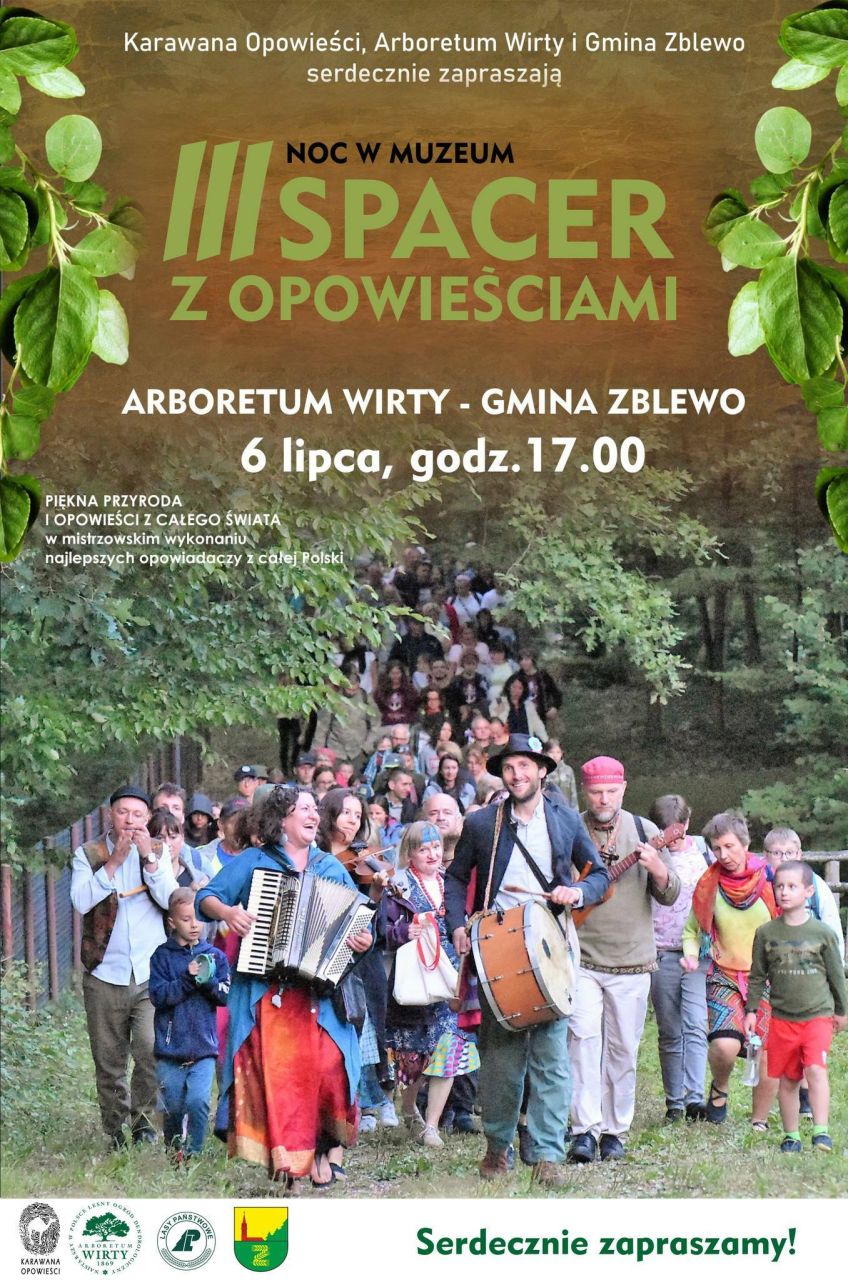 opowiadacze idą przez arboretum wirty