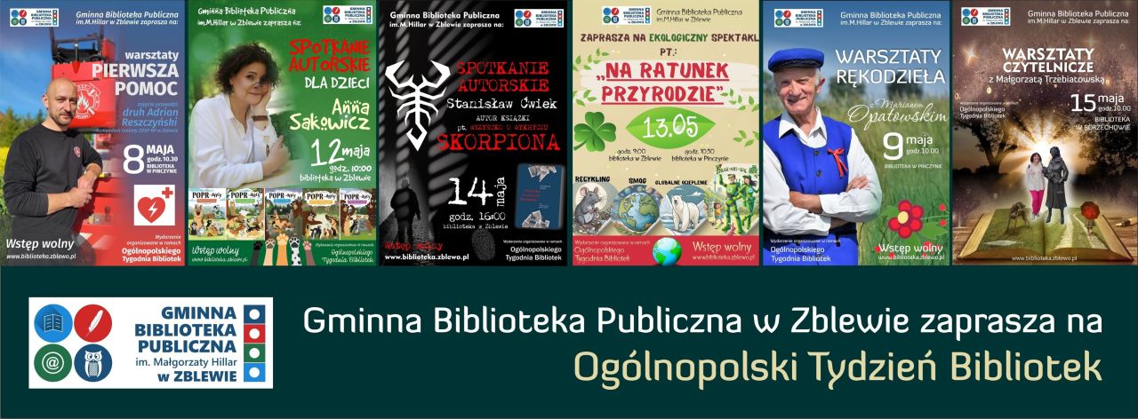 plakaty zapraszające na wydarzenia w bibliotece w zblewie