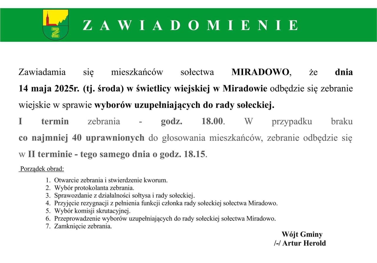 zapraszamy na zebrania sołeckie do semlina i miardowa