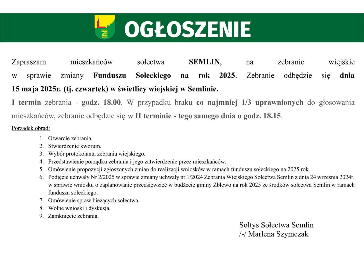 zapraszamy na zebrania sołeckie do semlina i miardowa