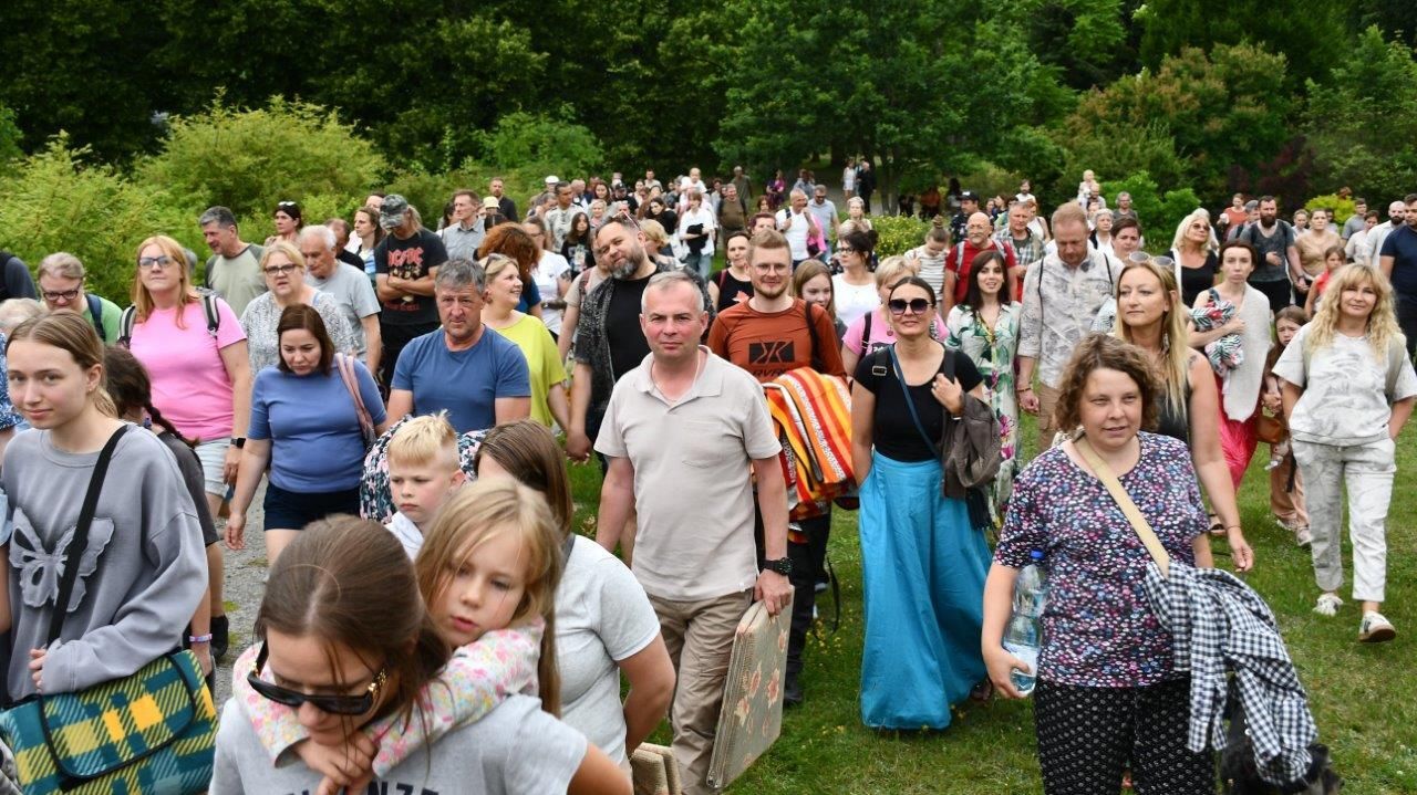 spacer z opowieściami ludzie wędrujacy przez arboretum