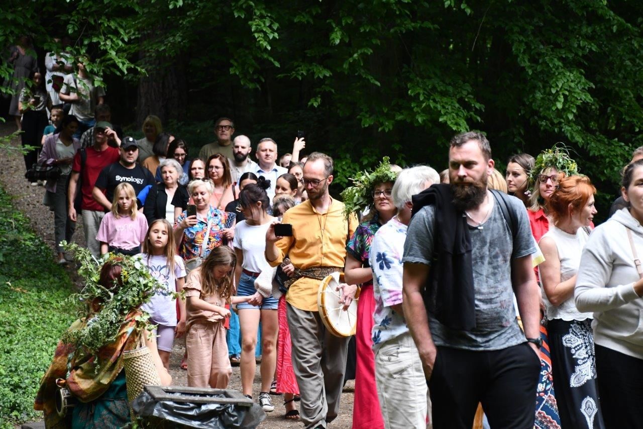 spacer z opowieściami ludzie wędrujacy przez arboretum