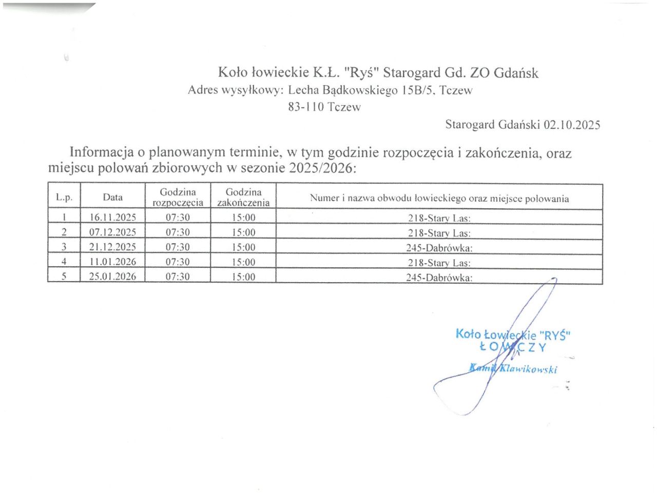 plany polowań kół łowieckich w sezonie 2025 i 2026