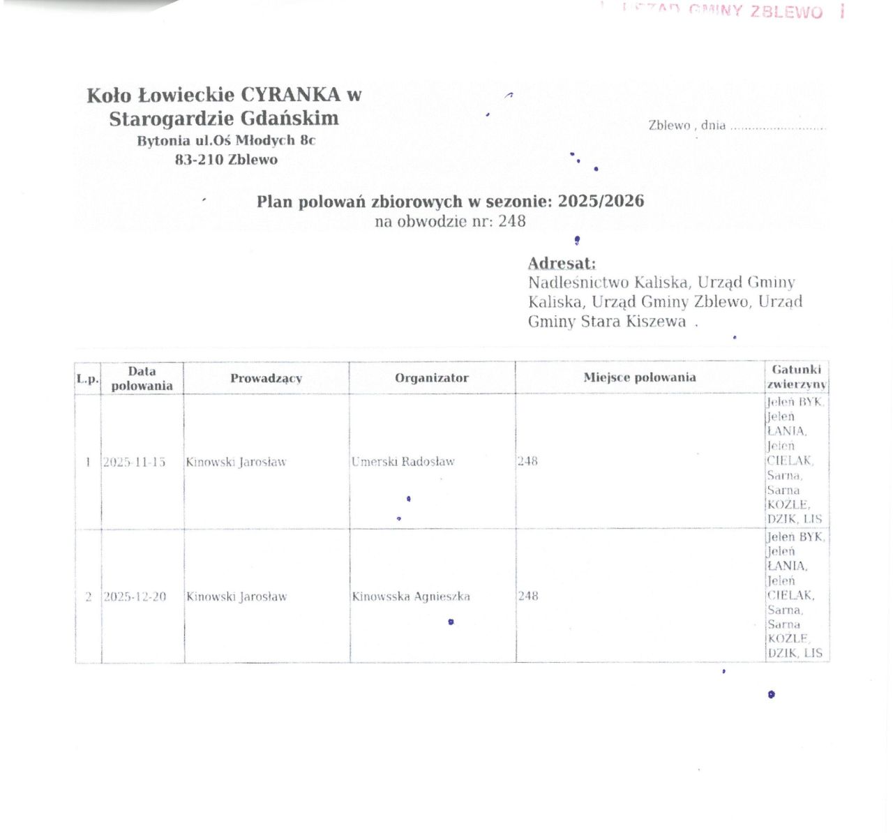 plany polowań kół łowieckich w sezonie 2025 i 2026