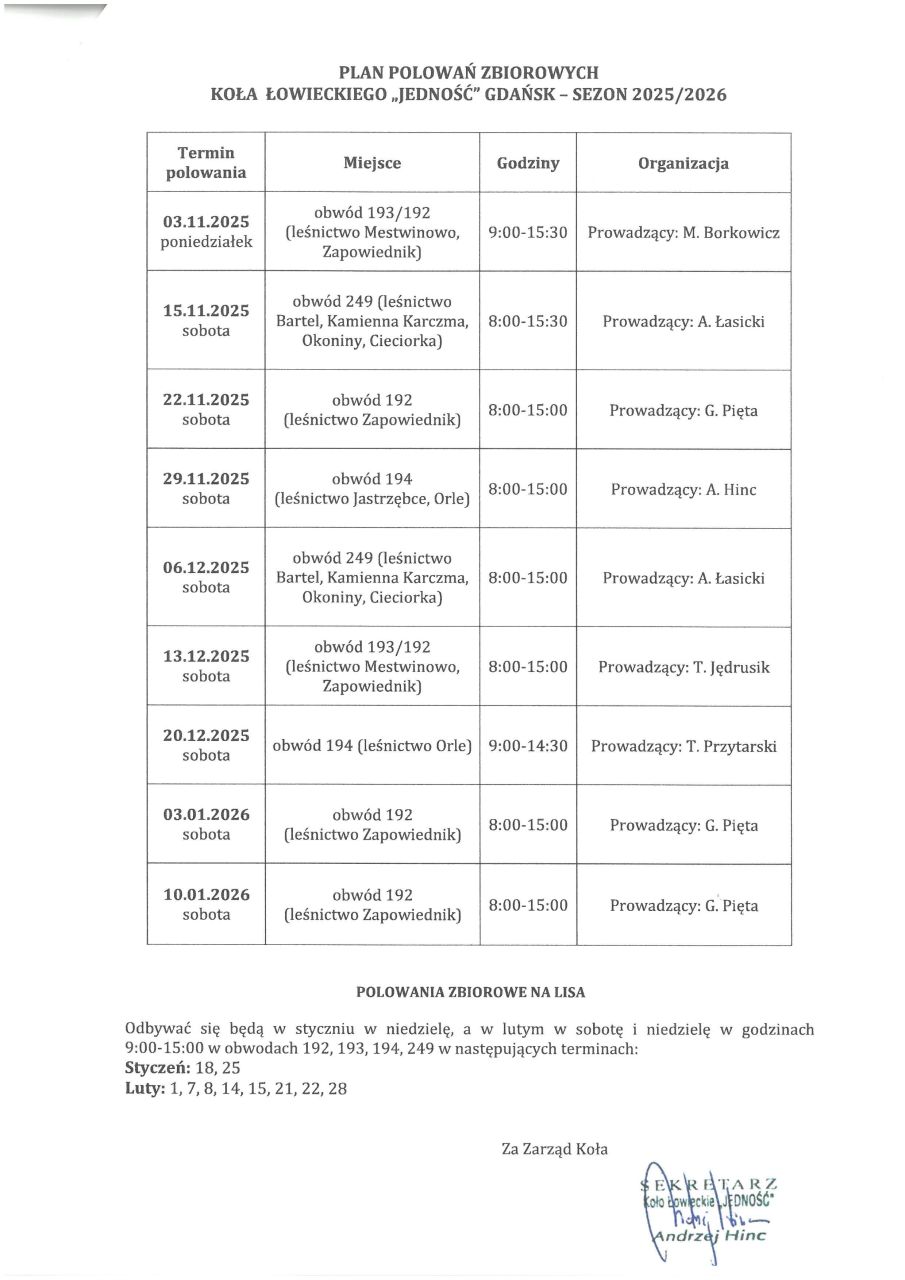 plany polowań kół łowieckich w sezonie 2025 i 2026
