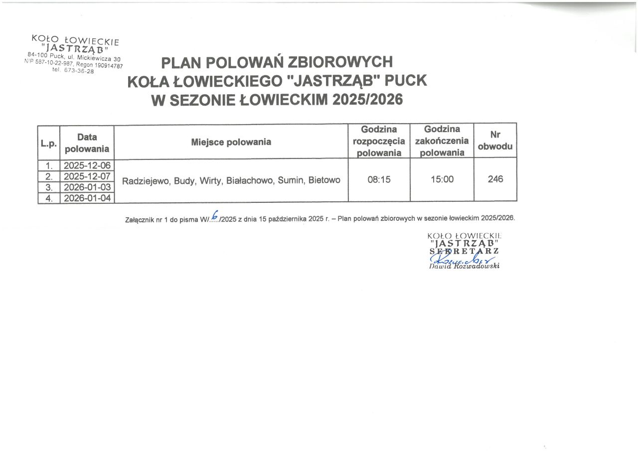plany polowań kół łowieckich w sezonie 2025 i 2026