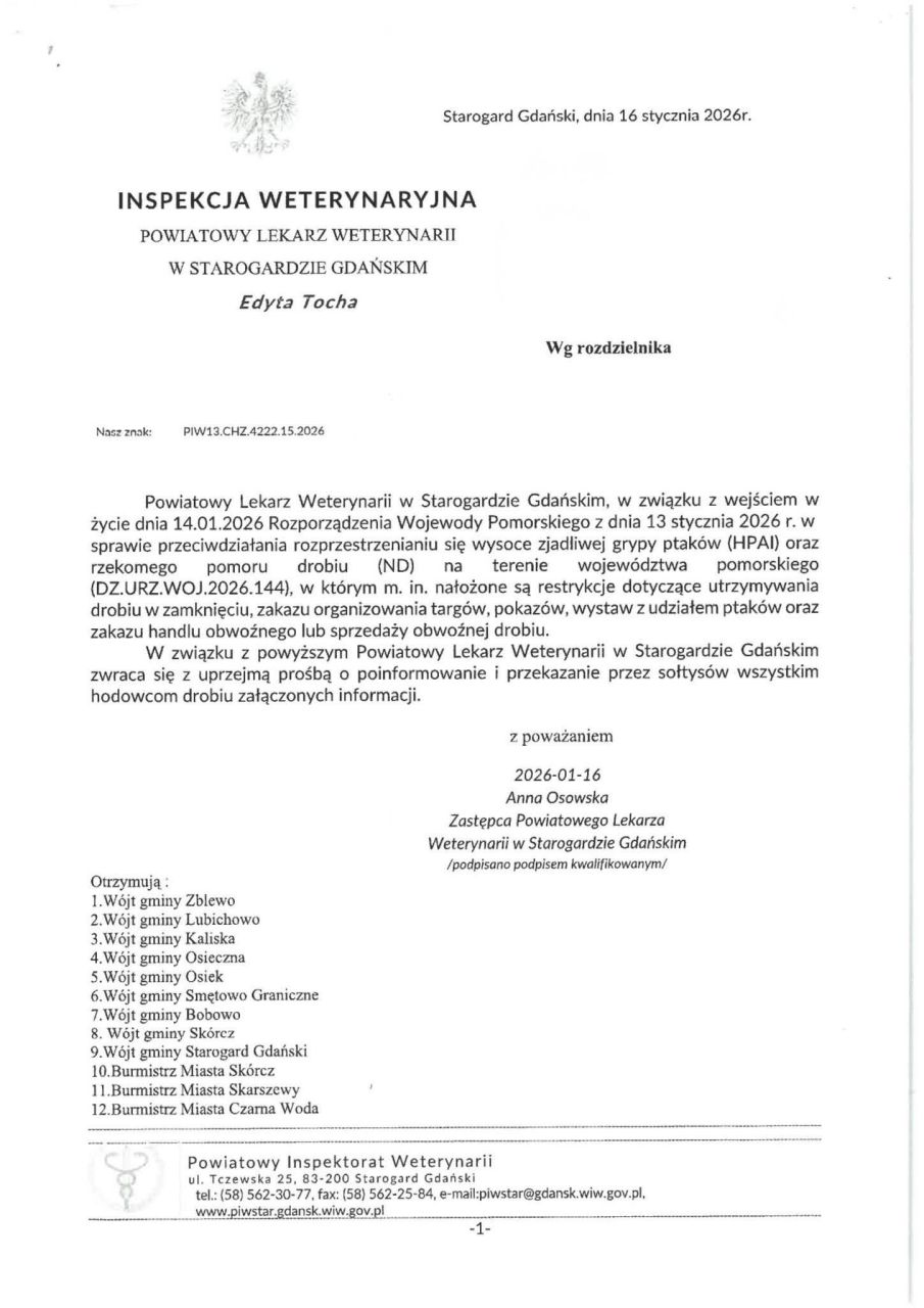 PISMO KOMUNIKAT LEKARZA WETERYNARII W STAROGARDZIE