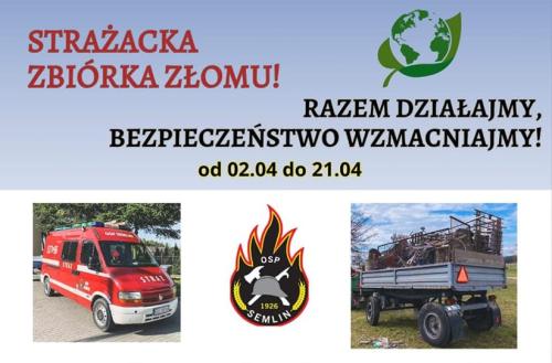 plakat z logo strażaków informujący o zbiórce złomu